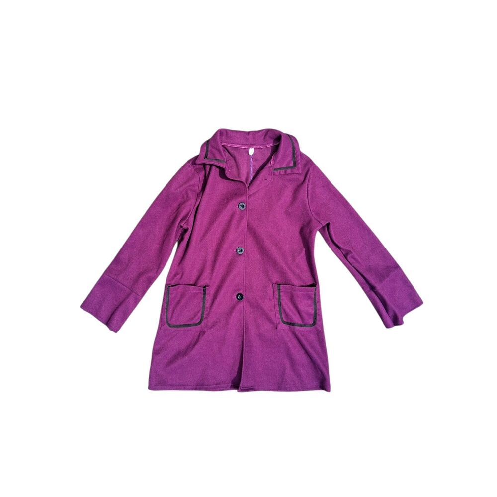 Vintage Style Purple Knit Jacket Cardigan XL Black Contrast Piping Pockets